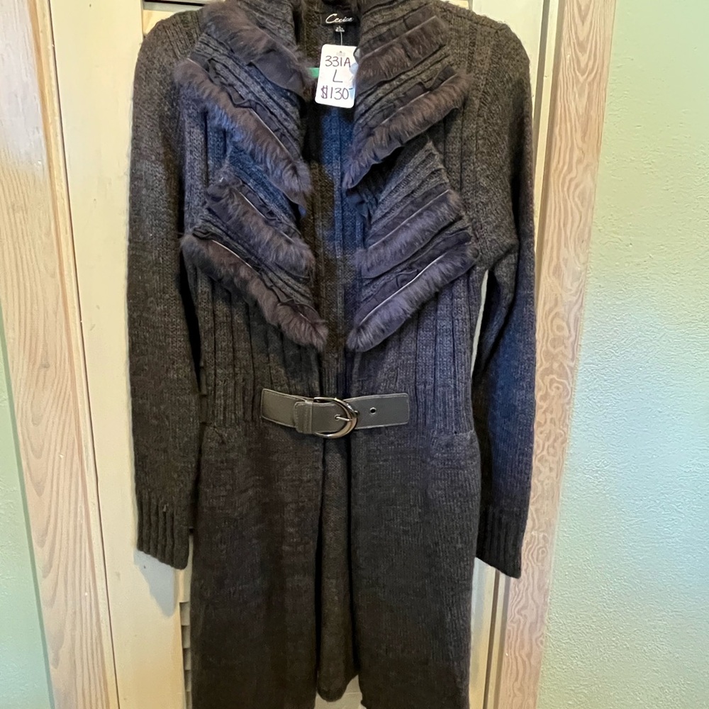 Chic Charcoal Belted Cardigan with fur accents by Cecice